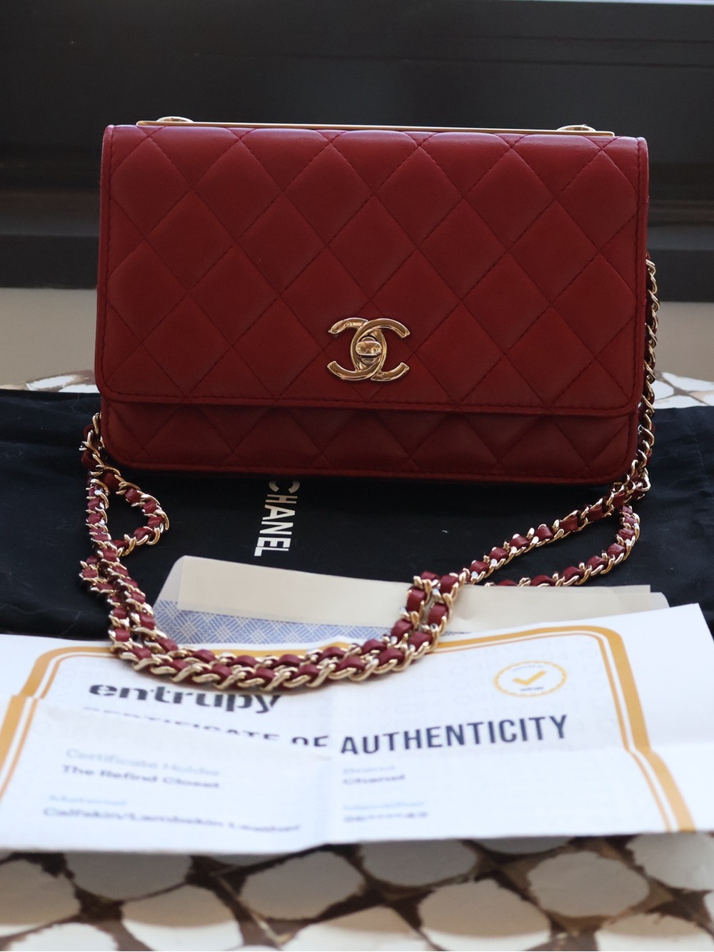 CHANEL Red Quilted Lambskin Crossbody with Gold-Tone Chain